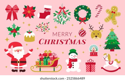 Merry Christmas is the message on this colorful and festive image. A variety of Christmas decorations, including a Santa Claus, a reindeer, a Christmas tree, and a wreath