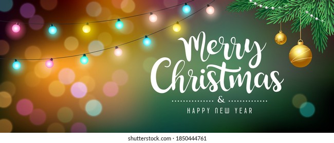 Merry Christmas message with pine leaves and gold ball, color light bulb, concept design on colorful bokeh background, Eps 10 vector illustration