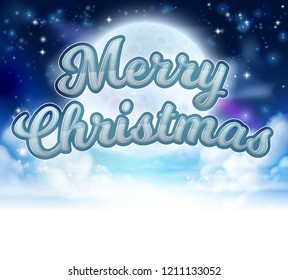 A Merry Christmas message sky clouds and moon cartoon graphic