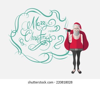 Merry christmas message vector in cursive green with hipster santa on white background