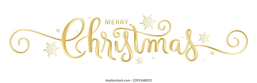 MERRY CHRISTMAS metallic gold vector brush calligraphy banner with spirals and snowflakes