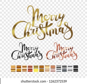 Merry Christmas metallic logo set isolated on transparent background. Xmas holiday 
lettering inscription. Merry Christmas script with metallic gradients set