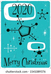 Merry Christmas Mid Century Modern Art Style Greeting Card, Poster, Postcard Template, Vintage Colors and Shapes from the 1950s, 1960s, Grunge Texture Patterns