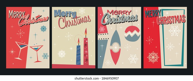 Merry Christmas! Mid Century Modern Greeting Cards Style Illustrations, Cocktail Glasses, Candles, Christmas Decorations and Snowflakes