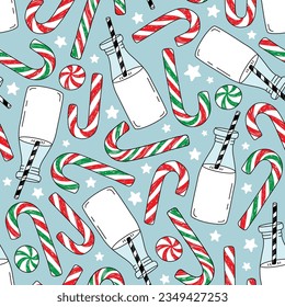 Merry Christmas milk and candy doodle seamless pattern on blue background 