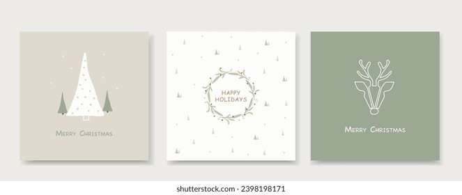 Merry Christmas Minimal Post Design. Christmas Social Media Post Collection Template with Deer, Trees, and Wreath. Cute Christmas Post 