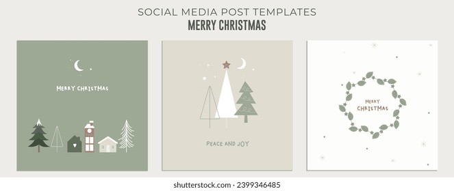 Merry Christmas Minimal Post Design. Christmas Social Media Post Collection Template with Trees, and Wreath. Cute Christmas Post. vector illustration.