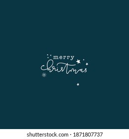 Merry Christmas Minimalist Calligraphic Sign White Letters on Dark Blue Background With Stars And Snowflakes, Modern Minimal Christmas Greeting Card Design