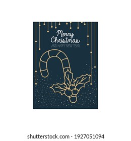 Merry christmas minimalist card with christmas stick and holly berry over white background, colorful design, vector illustration