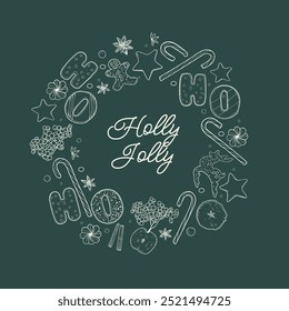 Merry Christmas minimalist crown. Modern Xmas design with typography, candy cane, cinnamon letters, Christmas sweets. Trendy vector hand drawn illustration for season banner, poster, cover