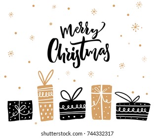 Merry Christmas minimalistic card design with calligraphy text and gift boxes. Black and gold colors.