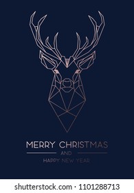 Merry Christmas minimalistic greeting card design with rose gold geometric deer. Elegance design template for Christmas greeting card, poster or party invitation. Vector illustration.