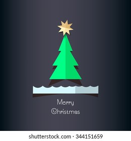Merry Christmas minimalistic greeting card - single paper tree vector illustration. Dark blue background. 