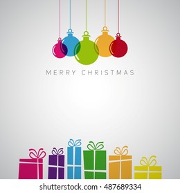 Merry Christmas minimalistic illustration card with decorations and gifts boxes - retro vector