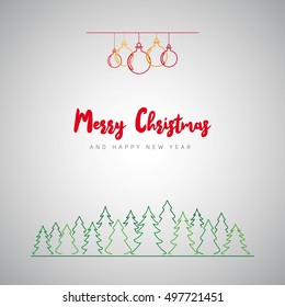 Merry Christmas minimalistic illustration card with decorations and forrest from trees - retro vector