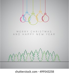 Merry Christmas minimalistic illustration card with decorations and forrest from trees - retro vector