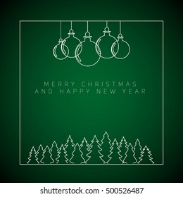 Merry Christmas minimalistic illustration card with decorations and forrest from trees - retro vector