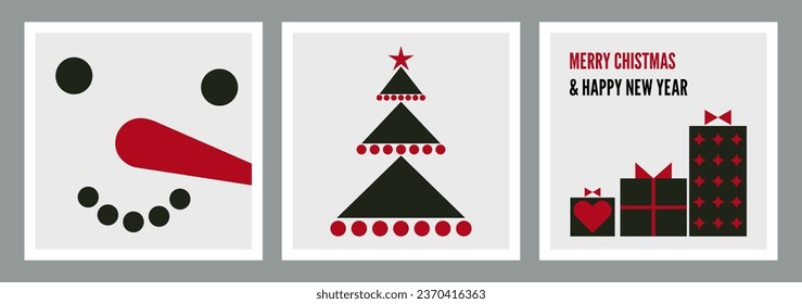 Merry Christmas. Minimalistic new year cards design set with christmas tree, snowman and gifts. Vector illustration	
