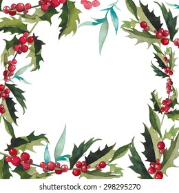Merry Christmas Mistletoe With Berry Frame. Watercolor Traditional Hand Drawn Greeting Card. Holiday Vector Floral Design Isolated On White Background.