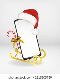 Feliz Navidad teléfono móvil o parodia de smartphone con sombrero de Papá Noel y bastón de caramelo en trineos dorados. Ilustración del vector editable