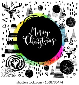 Merry Christmas modern calligraphic hand lettered greeting card. Modern calligraphy. Trendy abstract graphic design, expressive ink hand drawn elements. Elegant Merry Christmas hand lettering