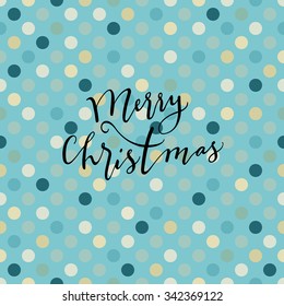Merry Christmas modern calligraphic on seamless abstract geometric pattern with polka dots in vector. Teal turquoise background