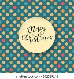 Merry Christmas modern calligraphic on seamless abstract geometric pattern with polka dots in vector. Teal background
