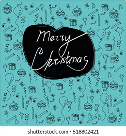 Merry Christmas! Modern calligraphy. Handwritten inspirational Merry Christmas quote. Calligraphic hand lettered greeting card with winter hand drawn background. Vector Christmas seamless pattern