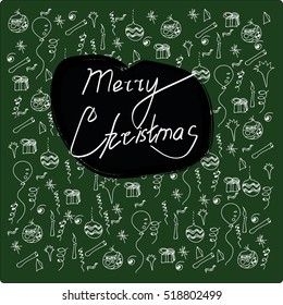 Merry Christmas! Modern calligraphy. Handwritten inspirational Merry Christmas quote. Calligraphic hand lettered greeting card with winter hand drawn background. Vector Christmas seamless pattern