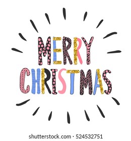 Merry Christmas. Modern calligraphy style handwritten lettering with golden glitter.