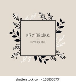 Merry Christmas modern card with frame banner greetings fir pine branches black white on beige background