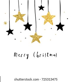 Merry Christmas - modern, clean background with black and gold stars, garlands