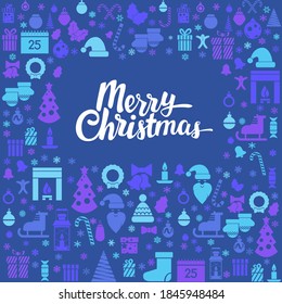 Merry Christmas modern colorful vector greeting card flat 
 background with multiple elements of different kind related to Christmas holidays, 