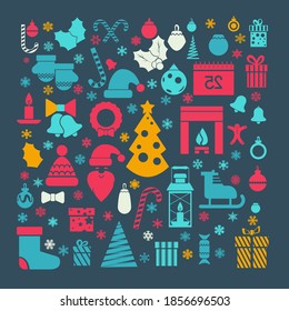 Merry Christmas modern colorful vector card with multiple icons elements of different kind related to Christmas holidays theme for holidays design projects, brochures, flyers, backgrounds, backdrops. 