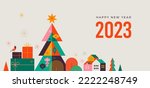 Merry Christmas modern design, holiday gifts, winter elements, candles, Christmas tree, village and Xmas decorations. Colorful vector illustration in flat geometric cartoon style