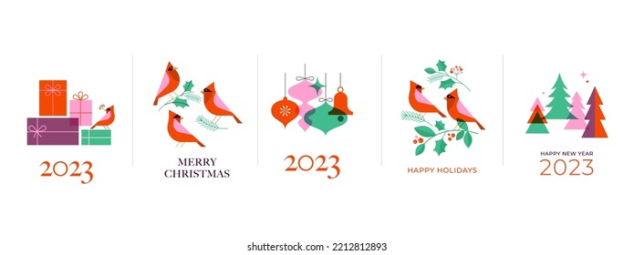 Merry Christmas modern design, holiday gifts, winter elements, candles, Christmas tree, village and Xmas decorations. Colorful vector illustration in flat geometric cartoon style