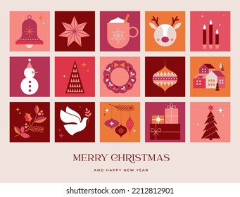 Merry Christmas modern design, holiday gifts, winter elements, candles, Christmas tree, village and Xmas decorations. Colorful vector illustration in flat geometric cartoon style