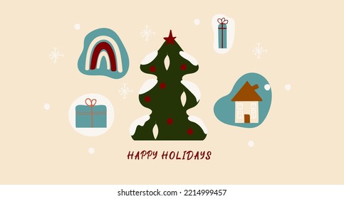 Merry Christmas modern design, holiday gifts, winter elements, Christmas tree. Hand drawn vector illustration in flat style
