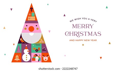 Merry Christmas modern design, holiday gifts, winter elements, candles, Christmas tree, Santa and Xmas decorations. Colorful vector illustration in flat geometric cartoon style