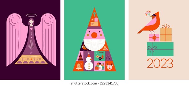 Merry Christmas modern design, holiday gifts, winter elements, candles, Christmas tree, village and Xmas decorations. Colorful vector illustration in flat geometric cartoon style