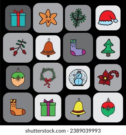 Merry Christmas modern design, holiday gifts, winter elements, Christmas tree, Xmas decorations. Christmas stickers pattern.