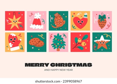 Merry Christmas modern design, holiday gifts, winter elements, Christmas tree, Xmas decorations. Colorful vector background in flat geometric cartoon style