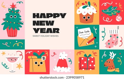 Merry Christmas modern design, holiday gifts, winter elements, Christmas tree, Xmas decorations. Colorful vector background in flat geometric cartoon style