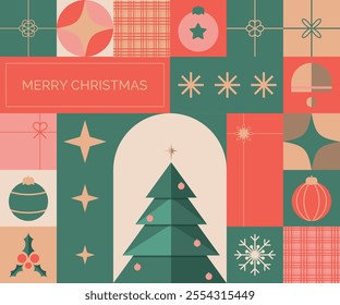 Merry Christmas, modern design in simple geometric style in green, red, pink and yellow colors for greeting cards, sales, banner, printing. Christmas greetings design template vector, illustration.