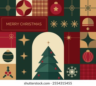 Merry Christmas, modern design in simple flat geometric style in green, red, yellow gold colors for greeting cards, sales, banner, printing. Christmas greetings design template vector, illustration.