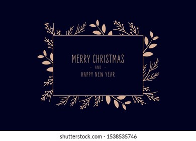 Merry Christmas modern elegant card with frame banner greetings and rose gold fir pine branches on blue background