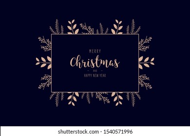 Merry Christmas modern elegant card with frame banner greetings and rose gold fir pine branches on blue background