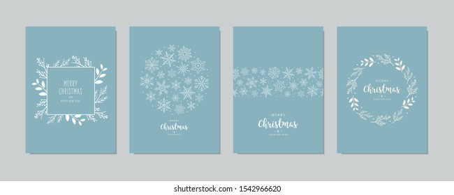 Merry Christmas modern elegant card set greetings fir pine branches and snowflakes on blue ice background