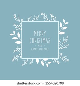 Merry Christmas modern elegant card with frame banner greetings white fir pine branches on blue ice background