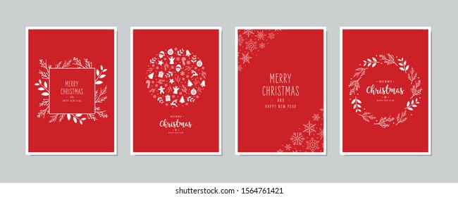 Merry Christmas modern elegant card set greetings fir pine branches, icons and snowflakes on red background